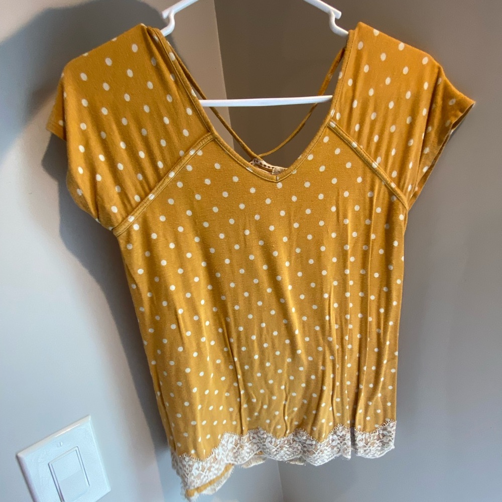 Mustard Yellow, White polkadot Womens Shirt.